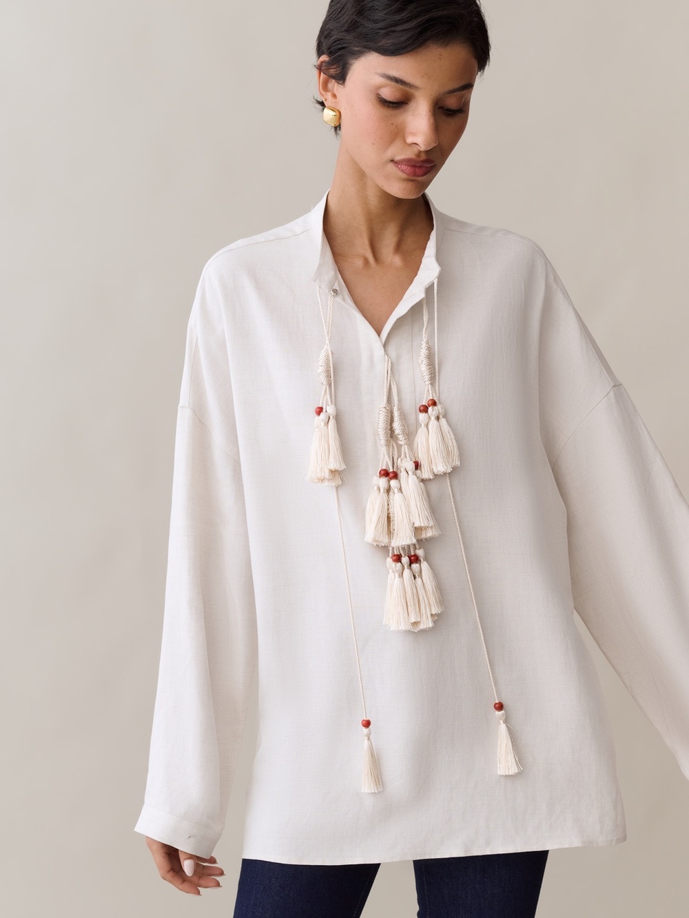 FEW MODA
Dune Tunic Relaxed Ivory V-Neck Tassel Tunic Top